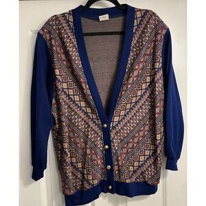 Vtg GRAFF‎ Californiawear Cardigan Sz 14 Gold Buttons Geometric 70s 80s Pockets